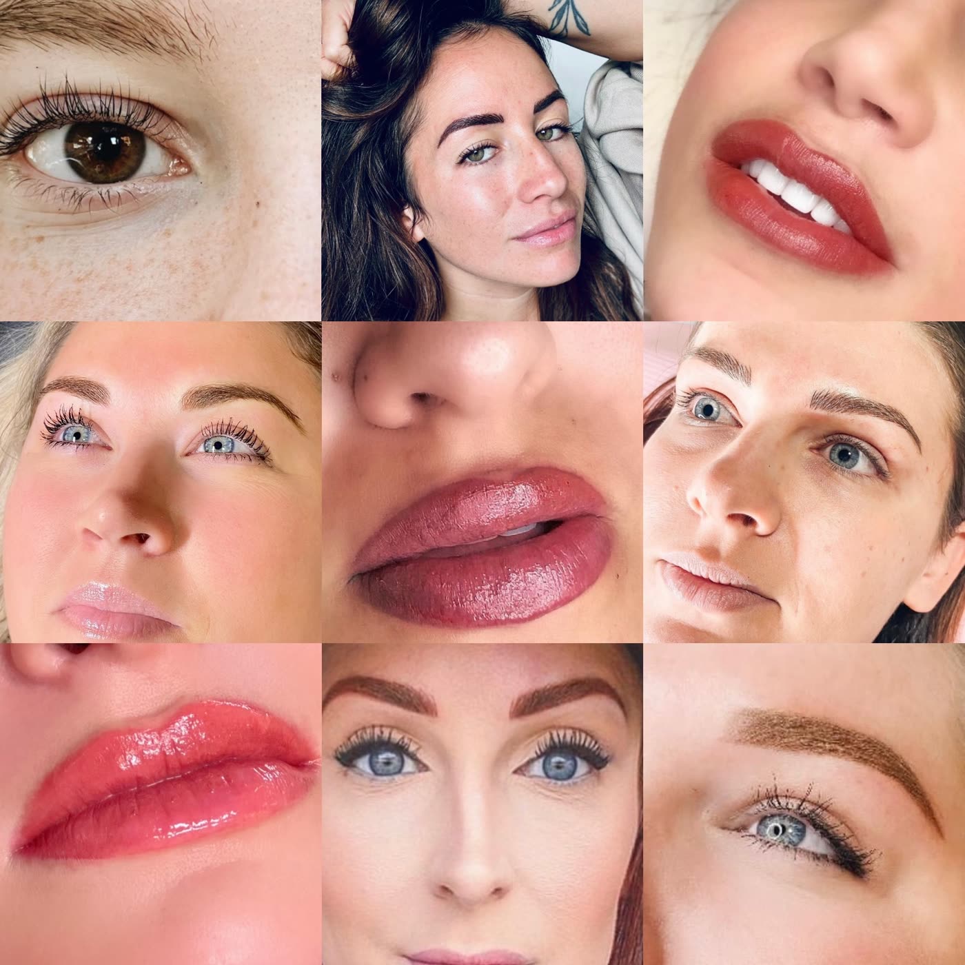 Collage of permanent makeup brow, lip, and eye work